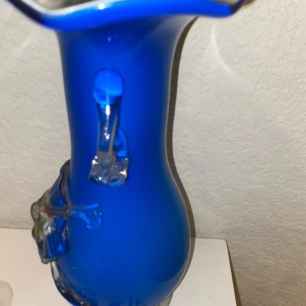 Vintage Hand Blown Confetti Fused Plum Blossom Cobalt Blue Glass MCM Vase 9.5”H